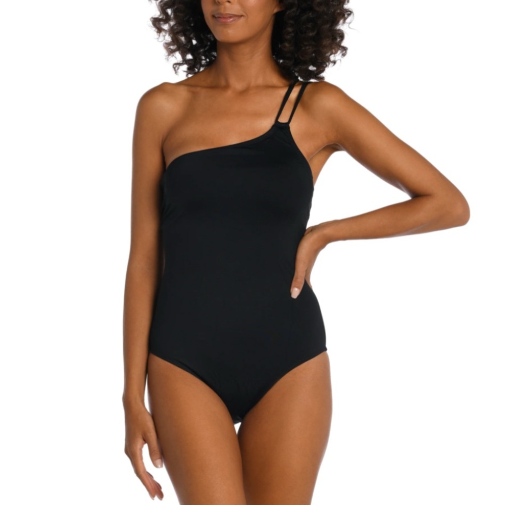 NWT $103 La Blanca sz 12 Island Goddess Lace Back One Shoulder One Piece - Black